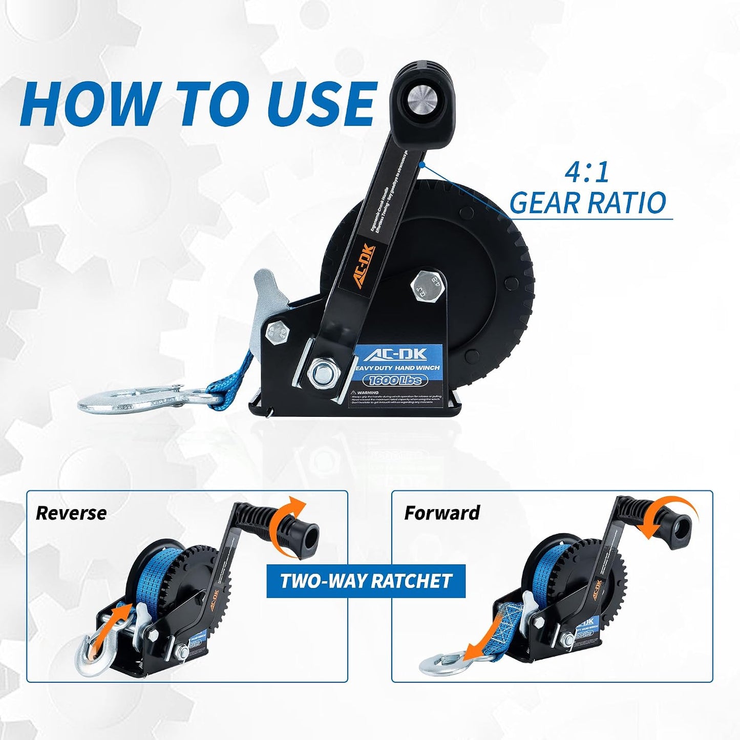 1600 lbs Heavy Duty Boat Trailer Winch with 26ft Strap, 2-Way Ratchet & 4:1 Gear Ratio