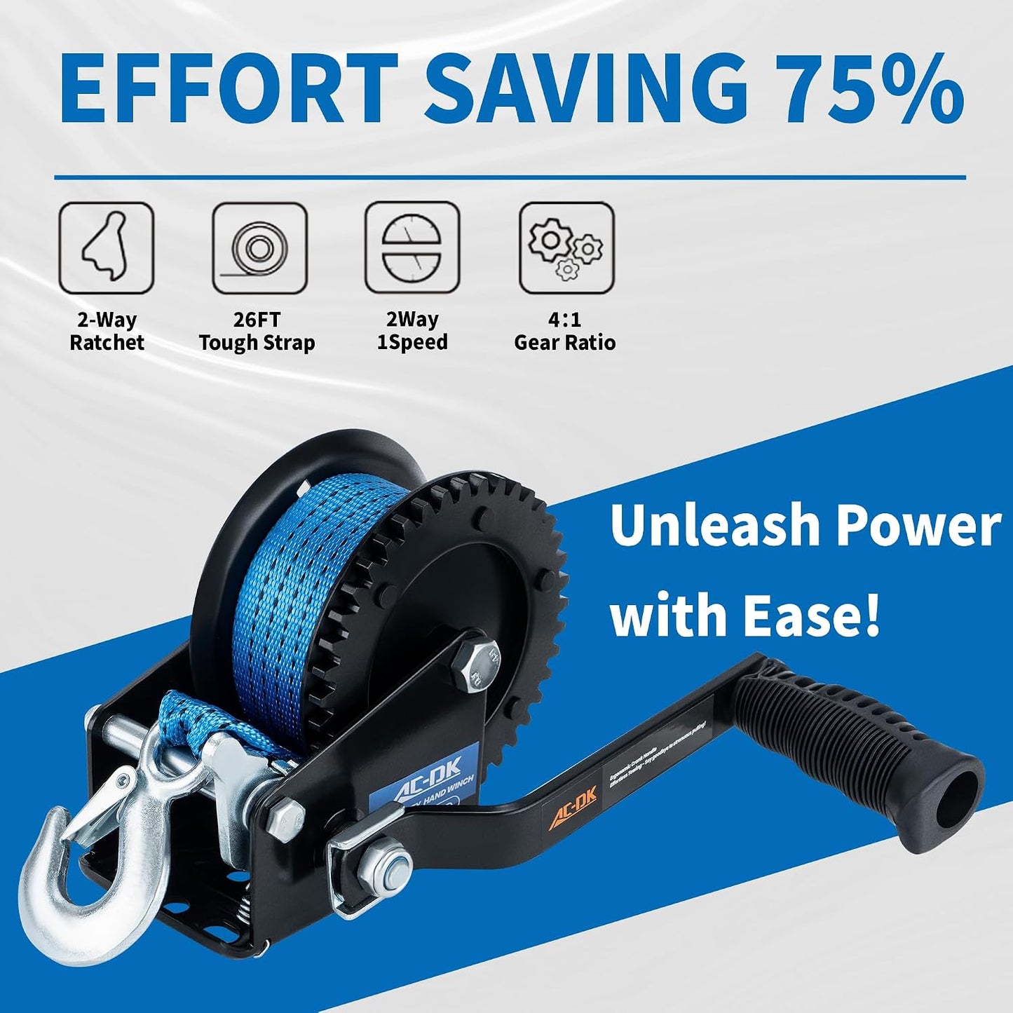 1600 lbs Heavy Duty Boat Trailer Winch with 26ft Strap, 2-Way Ratchet & 4:1 Gear Ratio