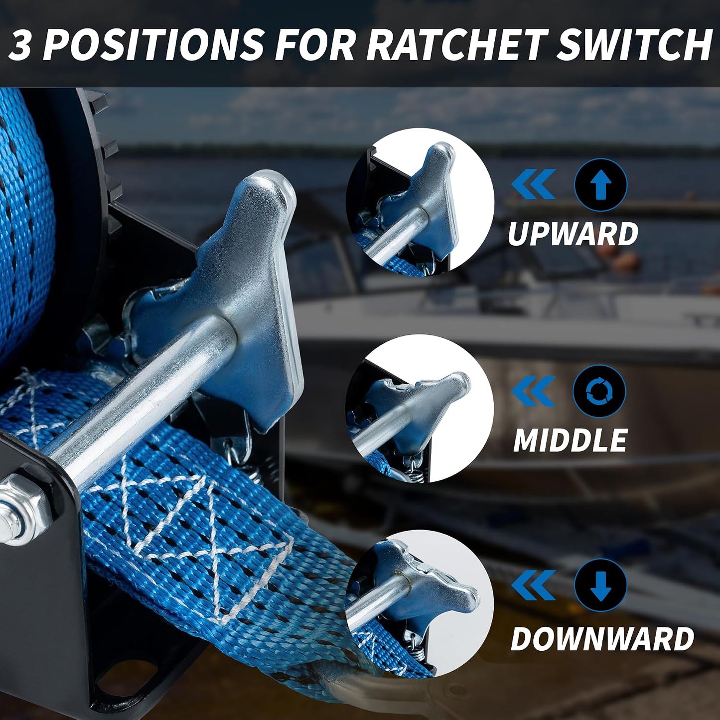 1600 lbs Heavy Duty Boat Trailer Winch with 26ft Strap, 2-Way Ratchet & 4:1 Gear Ratio