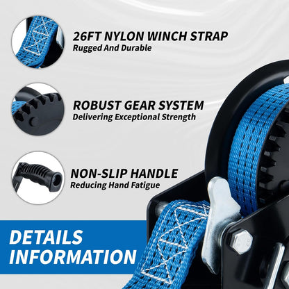 1600 lbs Heavy Duty Boat Trailer Winch with 26ft Strap, 2-Way Ratchet & 4:1 Gear Ratio